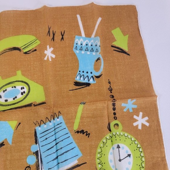Vintage 1960s Designer JEANNE MILLER Phone Clock Handkerchief TAG UNUSED - Picture 3 of 7
